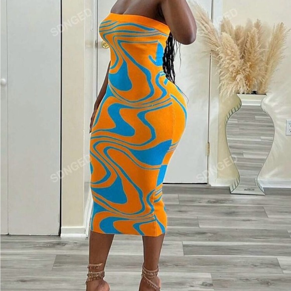 Allover Pattern Tube Sweater Dress (orange and blue) - Picture 3 of 4